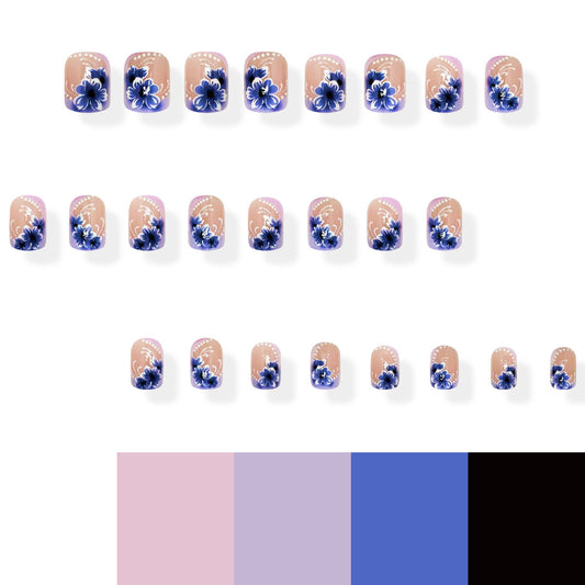 Bohemian Floral Elegance Short Square Blue and Purple Press-On Nail Set with Artistic Floral Design