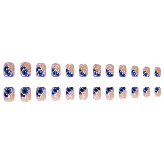 Floral Elegance Short Square Blue and Beige Glossy Press On Nail Set with Intricate Flower Designs