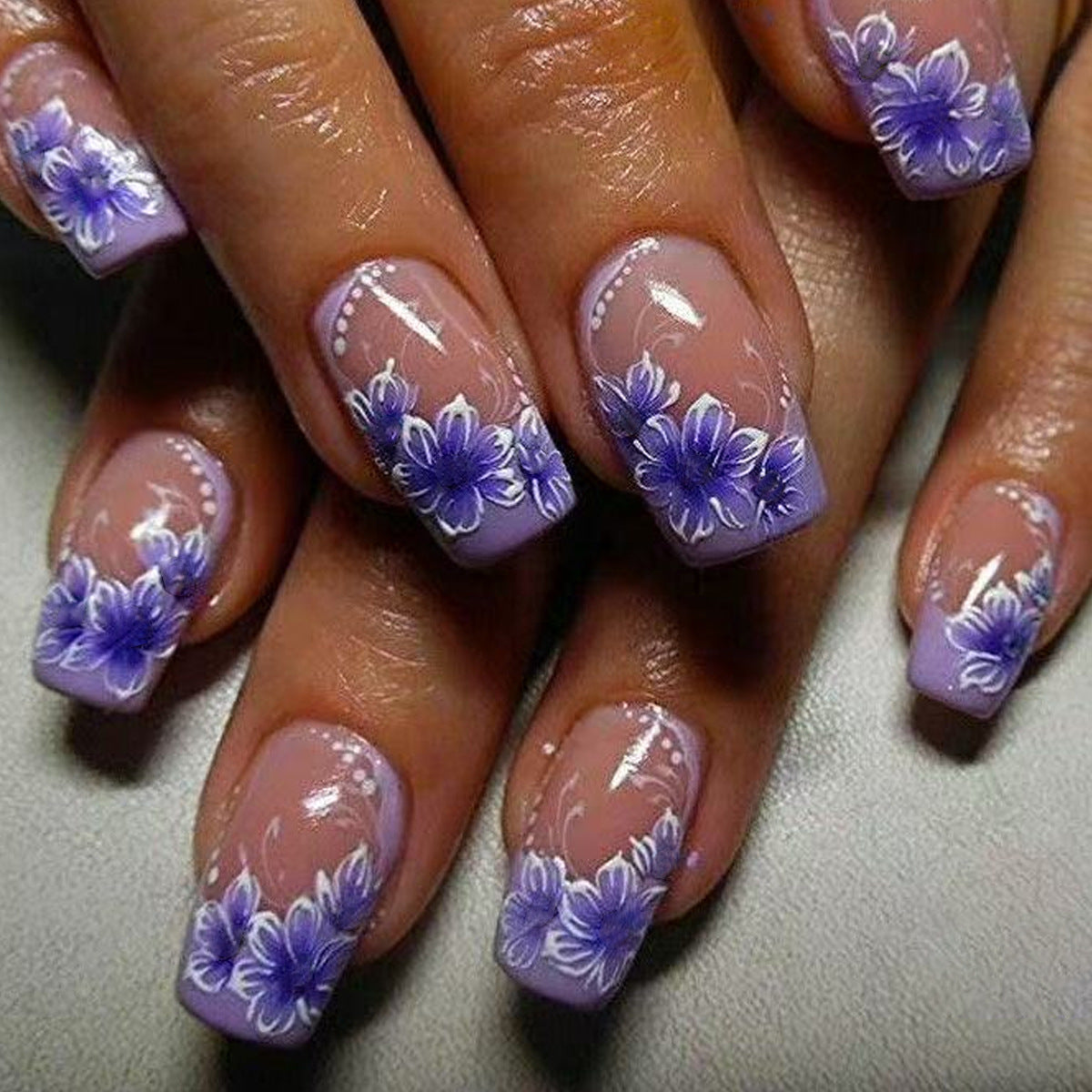 Whimsical Floral Elegance Medium Square Lavender Press On Nail Set with Stunning Hand-Painted Blossom Detail