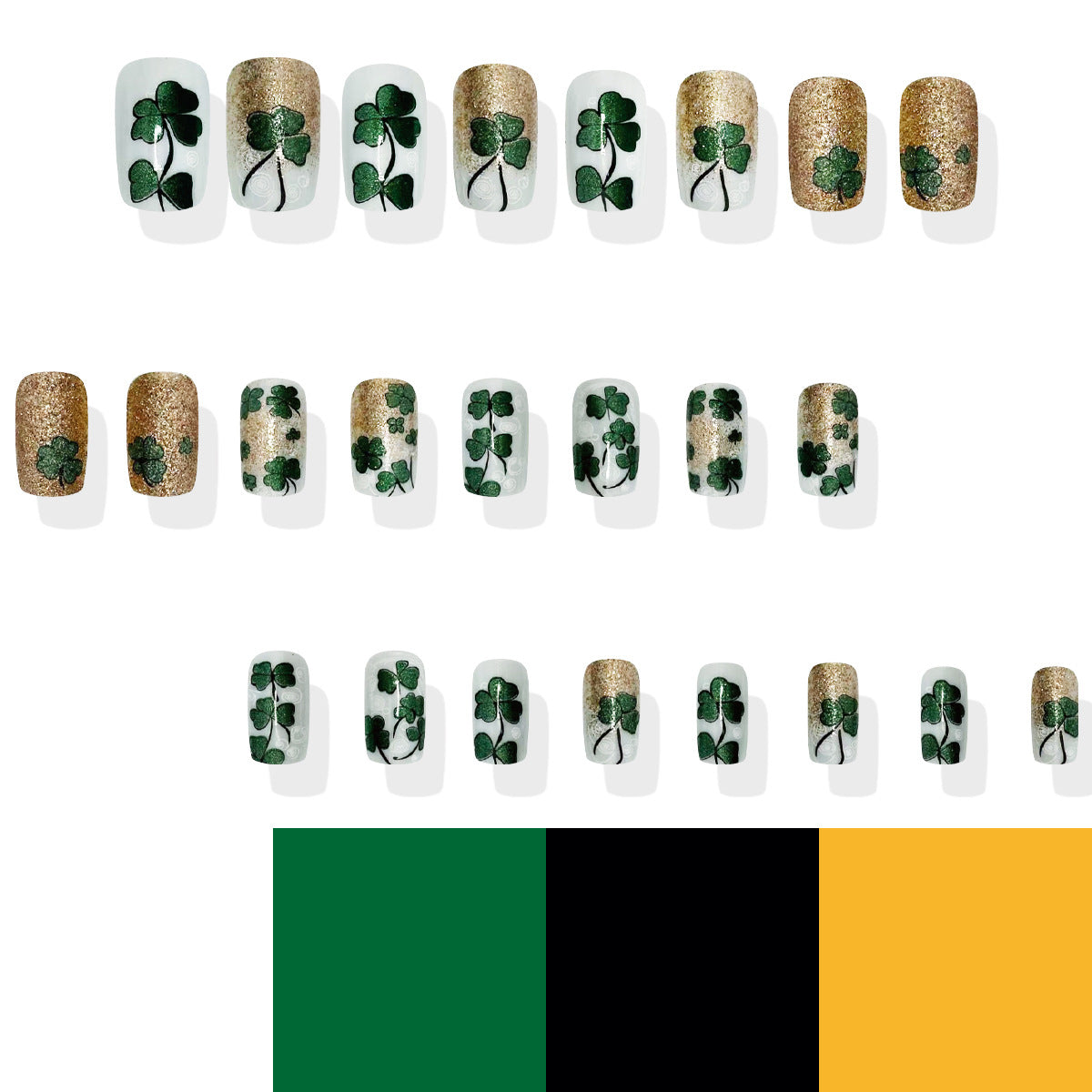 Lucky Charm Press-On Nails Set in Short Square Green White and Gold with Shamrock Designs