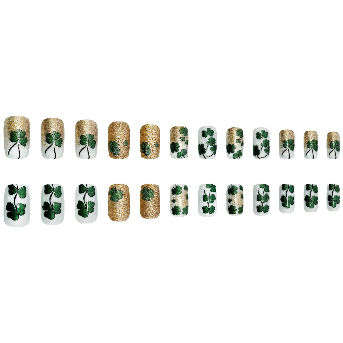 Celtic Charm Green and Gold Short Square Press-On Nail Set with Lucky Clover Design