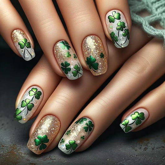 St. Patrick's Day Magic Short Coffin Emerald Green Glittery Clover Press-On Nail Set
