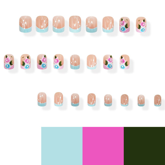 Floral Fantasy Medium Short Square Pink and Blue Press On Nail Set with Elegant Floral Accents