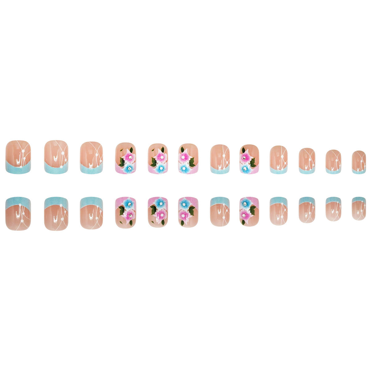 Blooming Garden Elegant Short Square Natural Length Pastel Blue and Floral Accent Press on Nail Set