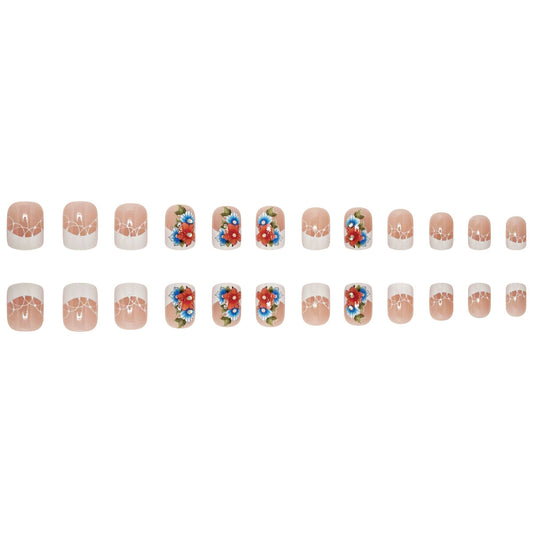 Garden Bliss Elegant Short Square Peach and White Press On Nail Set with Floral Accents