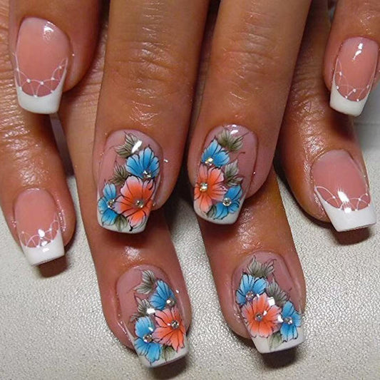 Tropical Paradise Short Square Soft Pink Press-On Nail Set with Vibrant Floral Art and Glitter Accents