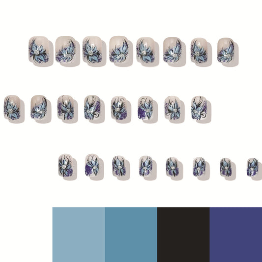 Blooming Serenity Short Square Light Blue and Purple Floral Design Press-On Nail Set
