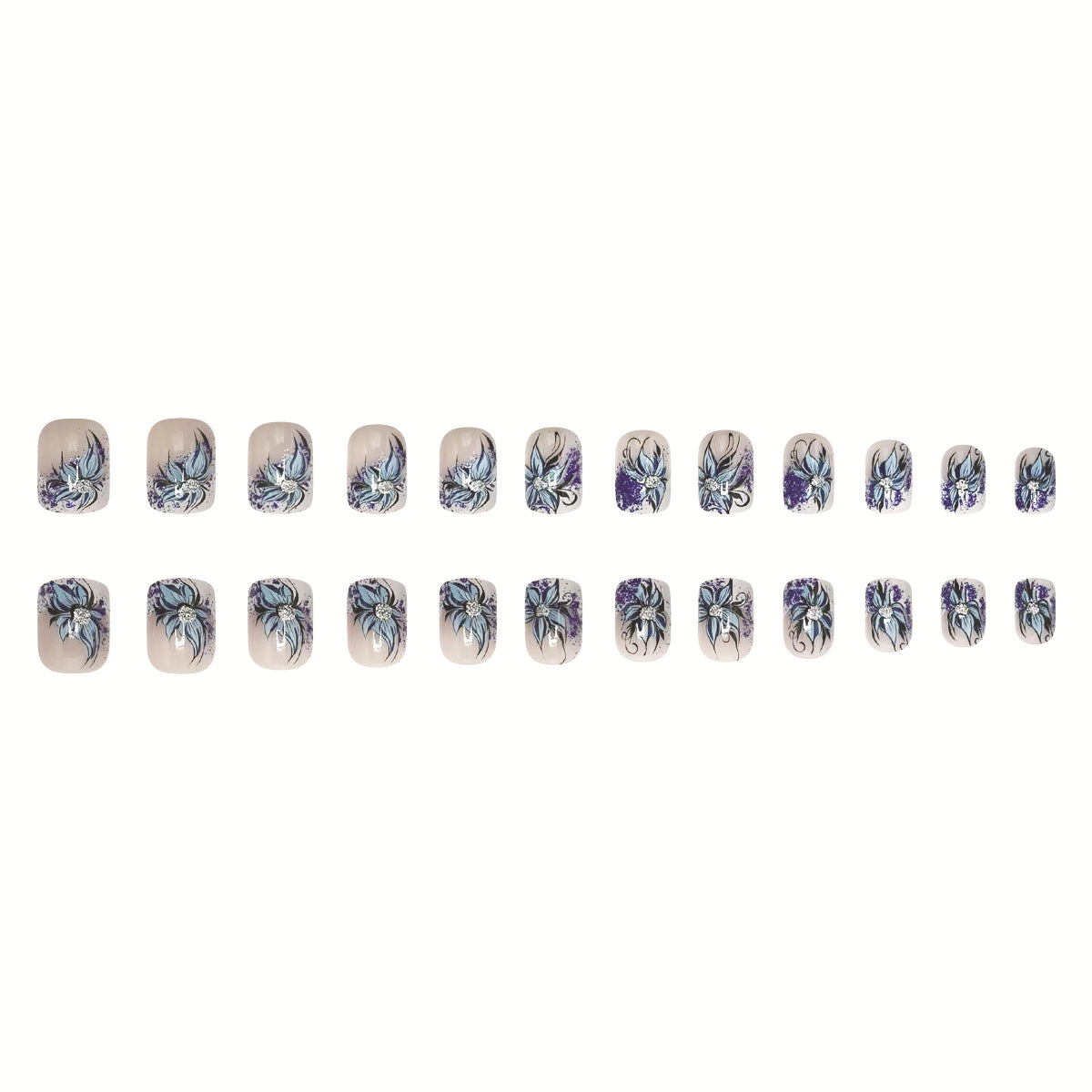 Enchanted Floral Dream Short Square Lavender and Blue Artistic Press-On Nail Set