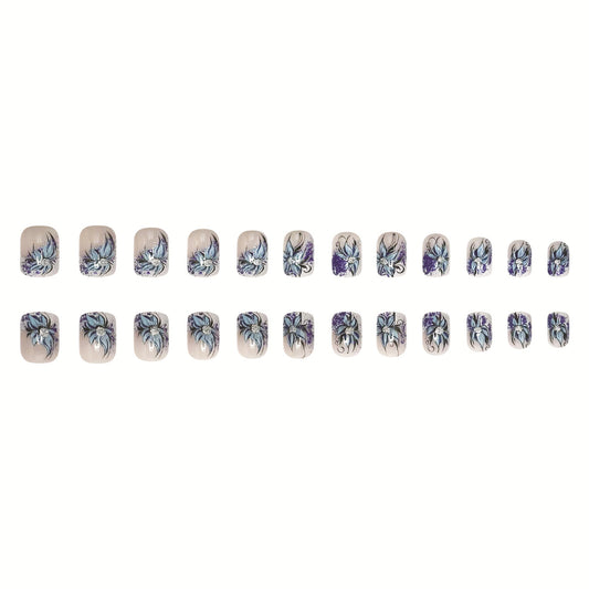 Enchanted Floral Dream Short Square Lavender and Blue Artistic Press-On Nail Set