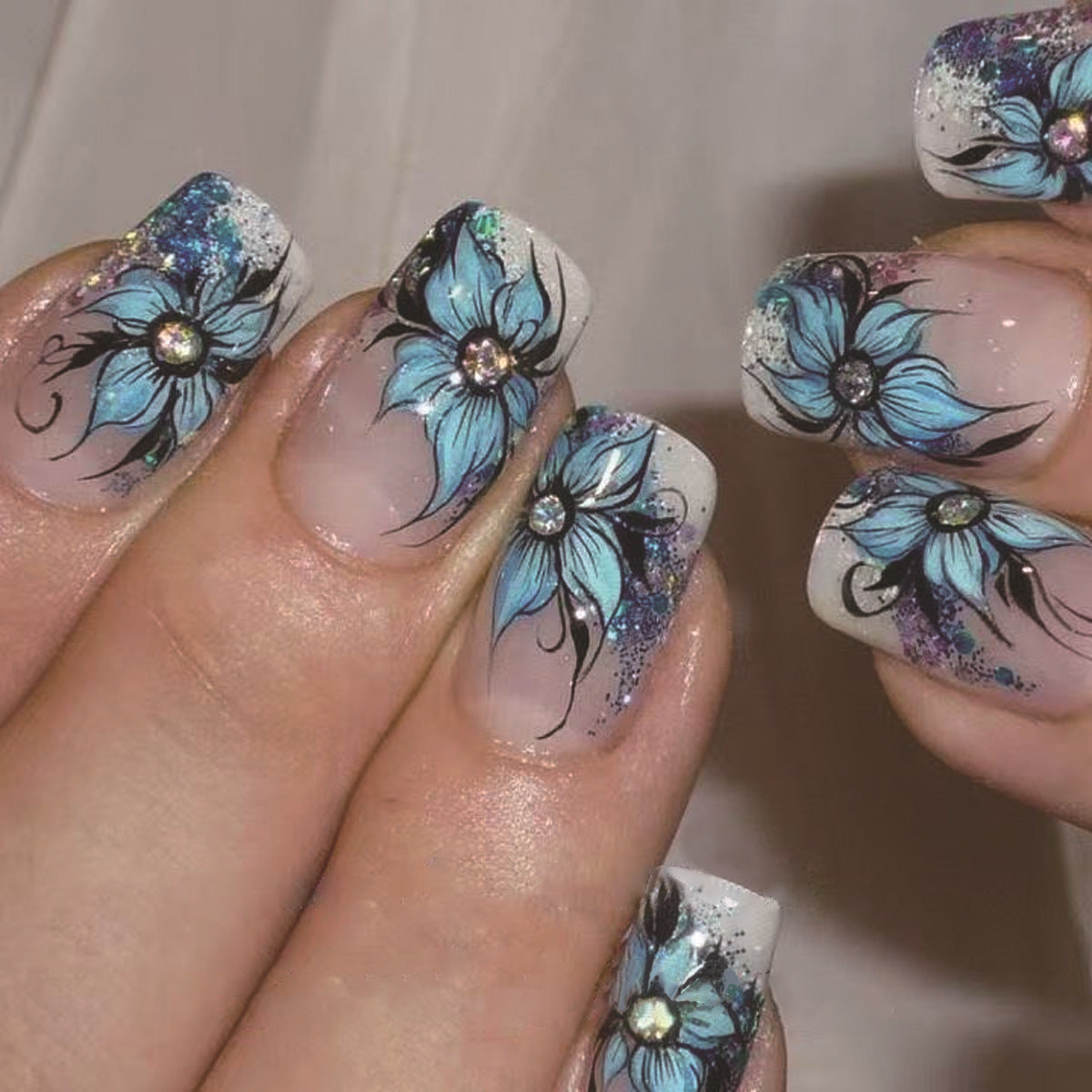 Floral Fantasy Short Square Blue Ombre Press On Nail Set with Glitter Accent