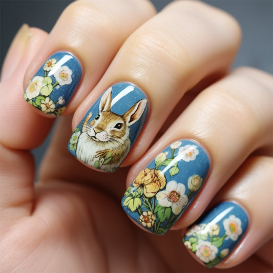 Whimsical Garden Themed Short Square Acrylic Nail Set in Sky Blue Featuring Charming Floral and Bunny Illustrations