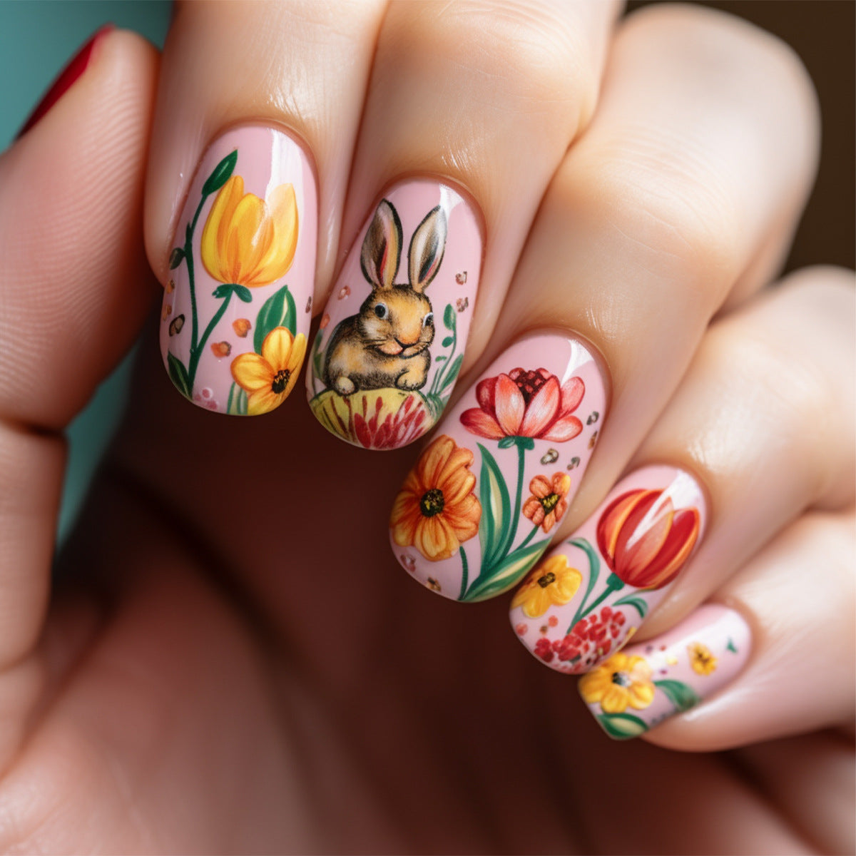Springtime Whimsy Short Round Pink Floral Press-On Nail Set with Adorable Bunny Design