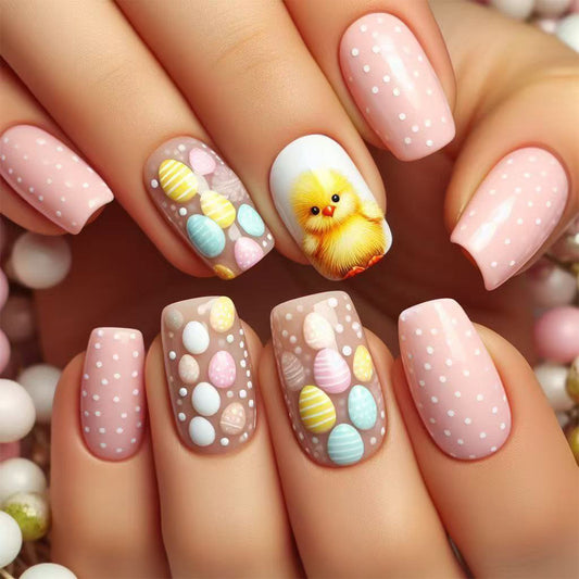 Easter Delight Medium Square Pink Nails with Colorful Egg Design and Adorable Chick Accent