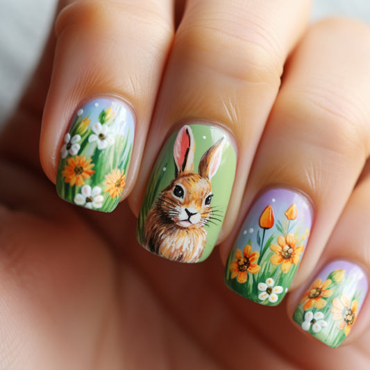 Whimsical Spring Garden Press on Nail Set in Medium Square Green with Vibrant Floral and Bunny Art