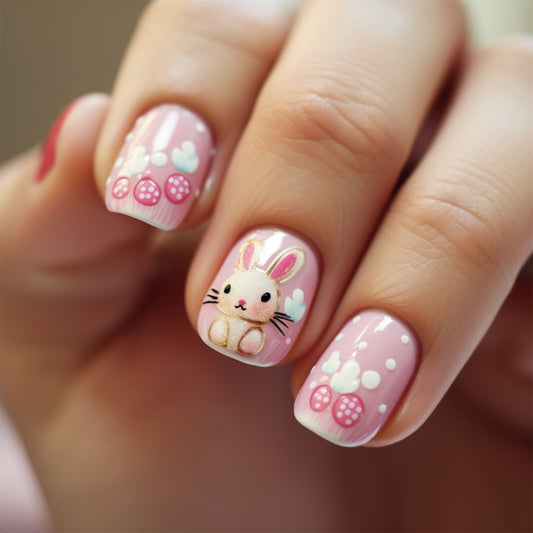 Whimsical Bunny Theme Short Square Pink Press On Nail Set Featuring Cute Rabbit and Floral Design