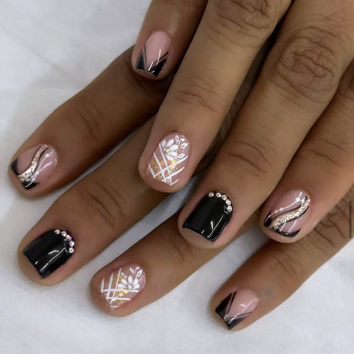Glamorous Sunset Short Square Pink and Black Press On Nail Set with Elegant Gem Accents