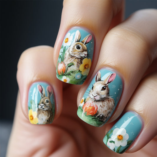 Whimsical Garden Themed Short Square Blue Press On Nail Set Featuring Adorable Bunny and Floral Designs