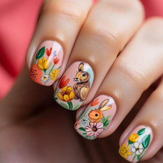 Charming Spring Delight Short Squoval Pastel Floral Press On Nail Set with Whimsical Bunny Design
