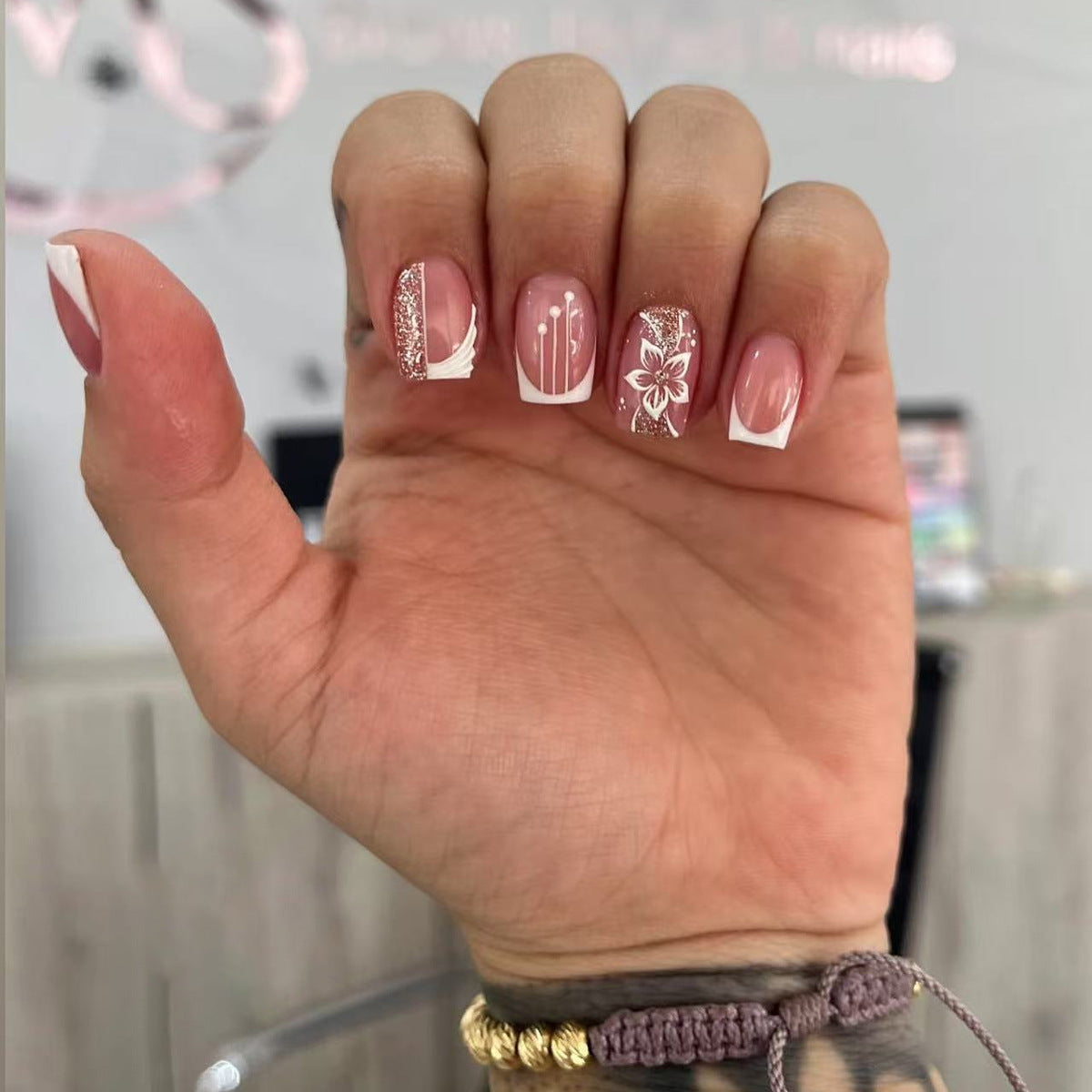 Blossom Elegance Short Square Pink with White Floral Accents Press-On Nail Set