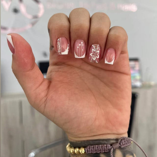 Blossom Elegance Short Square Pink with White Floral Accents Press-On Nail Set