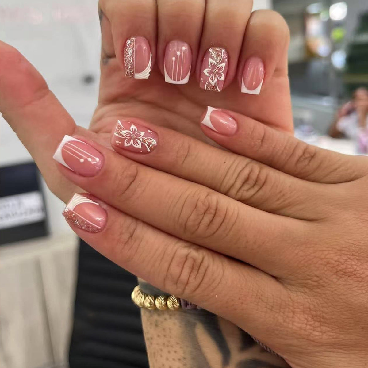 Elegant Bloom Pink Short Square Press On Nail Set with Glossy Finish and Floral Accents