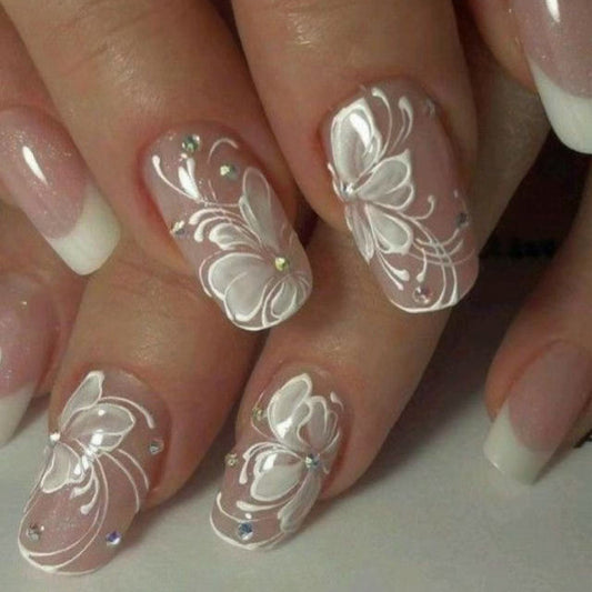 Floral Elegance Medium Squoval Transparent White with Glittering Butterfly Design Press-On Nail Set
