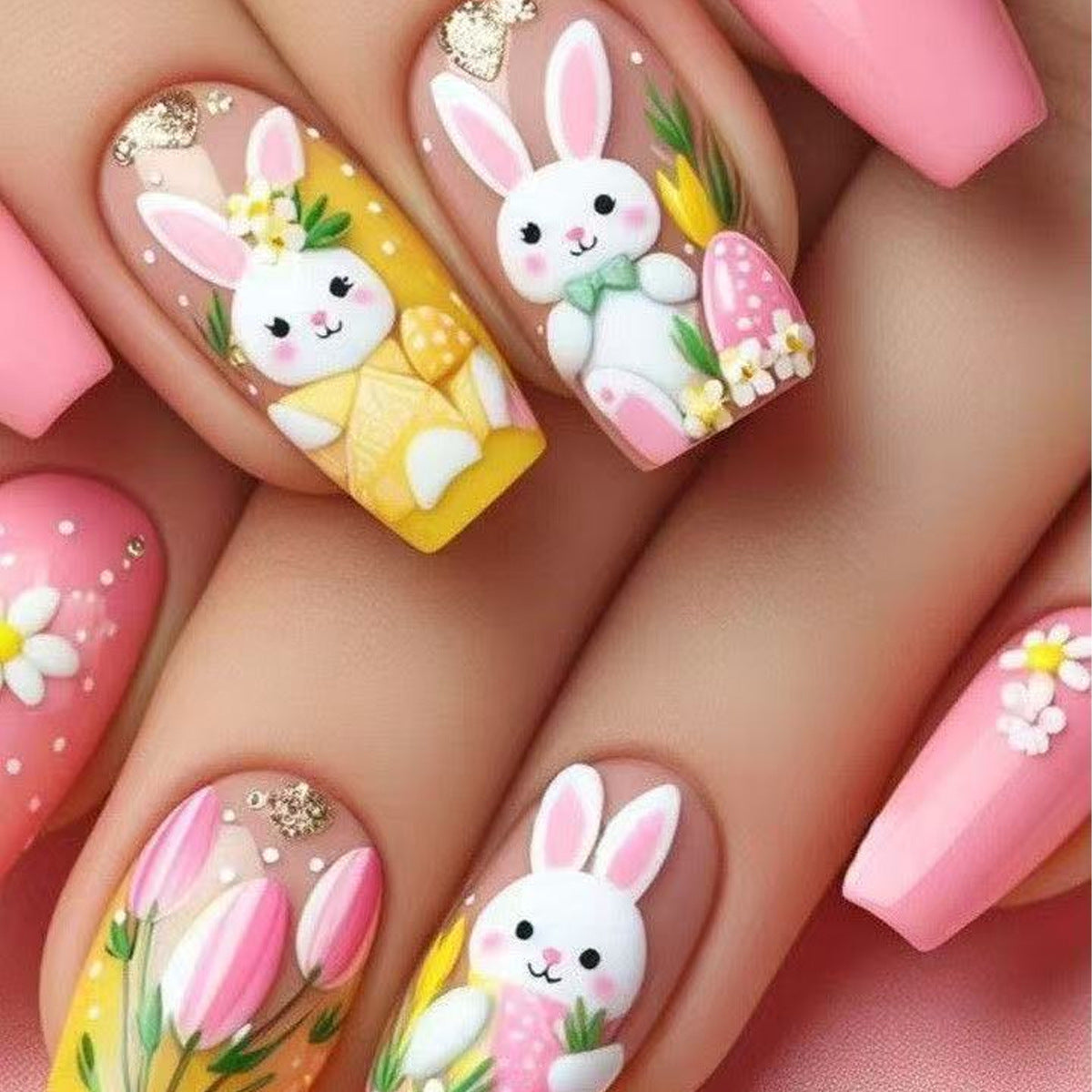 Whimsical Spring Vibe Medium Square Pink Press On Nail Set with Adorable Bunny Designs