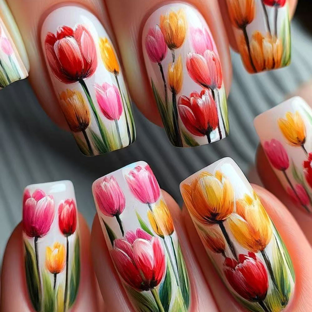 Blooming Garden Medium Square Floral Nail Set with Vibrant Tulip Design