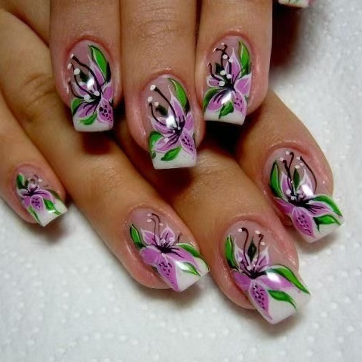 Floral Fantasy  Medium Square Pink and White Press-On Nail Set Featuring Lush Hand-Painted Bloom Design