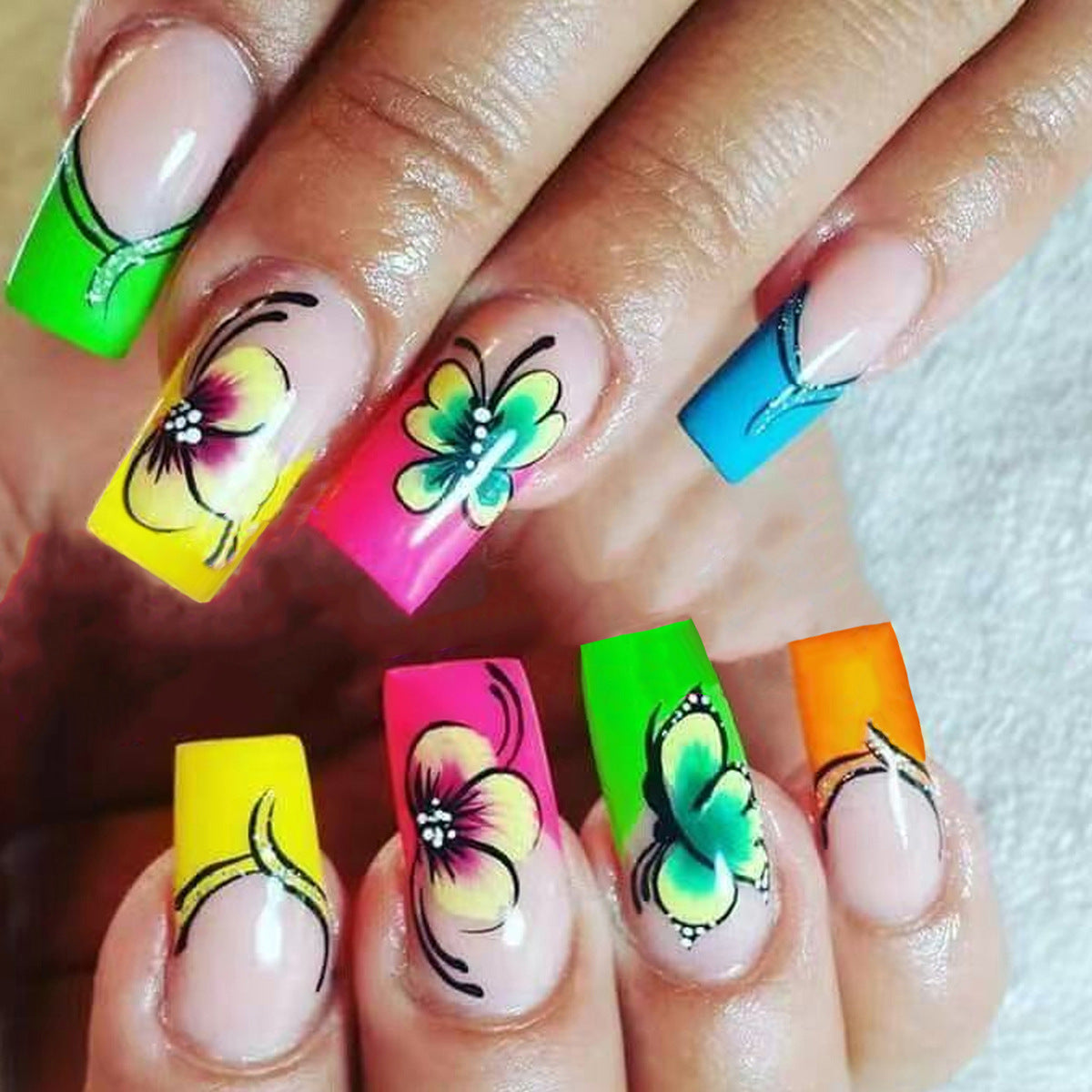 Tropical Vibes Colorful Medium Square Long Press On Nail Set with Exquisite Floral Designs