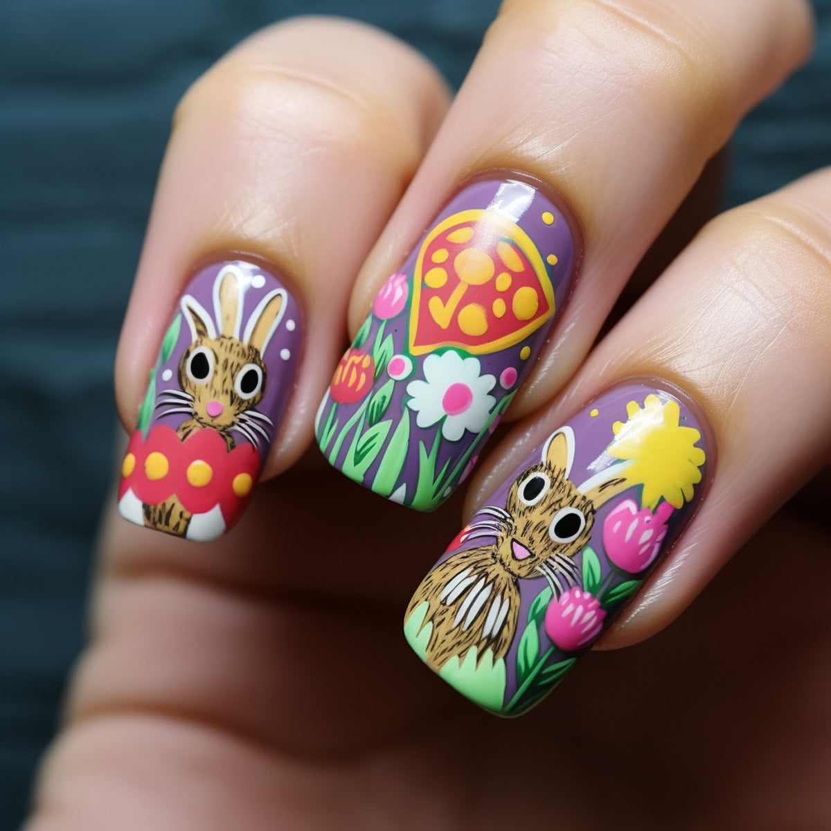 Bunny Garden Delight Medium Square Purple Floral Press On Nail Set with Whimsical Animal Designs