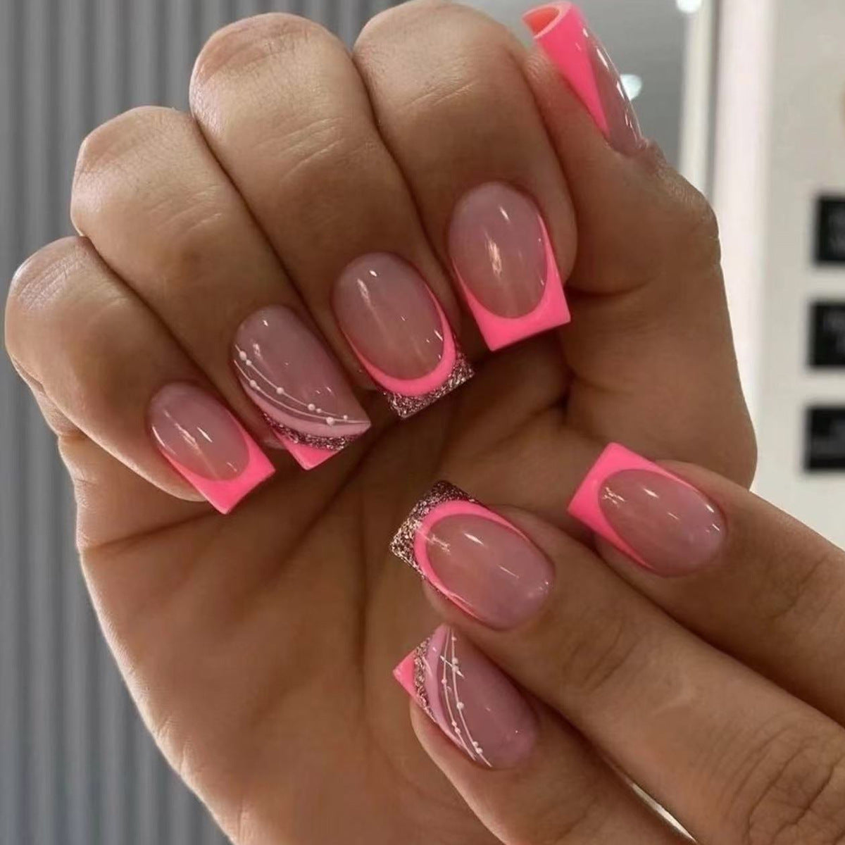 Vibrant Sunset Short Square Pink Press On Nail Set with Glitter Accent