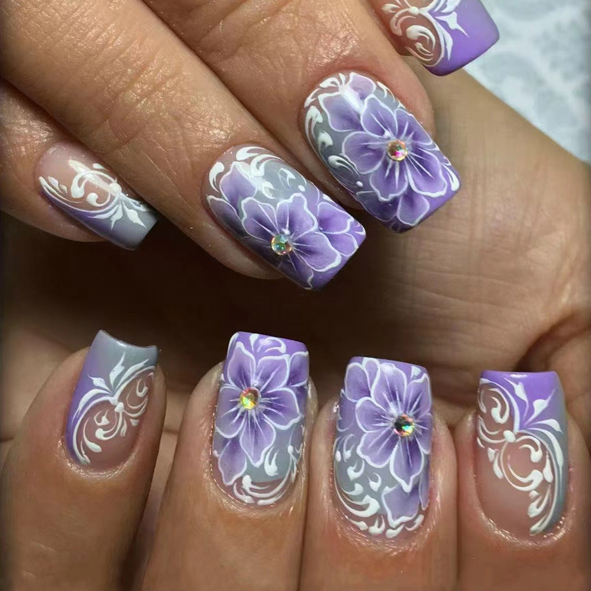 Floral Bliss Short Square Purple Press On Nail Set with Dazzling Gemstone Accents