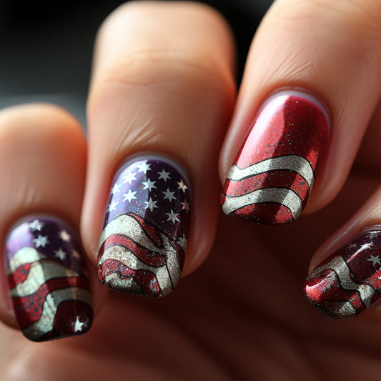 Patriotic Celebration Medium Square Red and Blue Glittery Nail Set with Stunning Flag Design