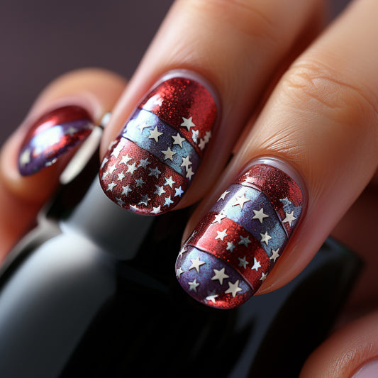 Patriotic Sparkle Short Oval Red and Blue with Starry Glitter Finish Press-On Nail Set