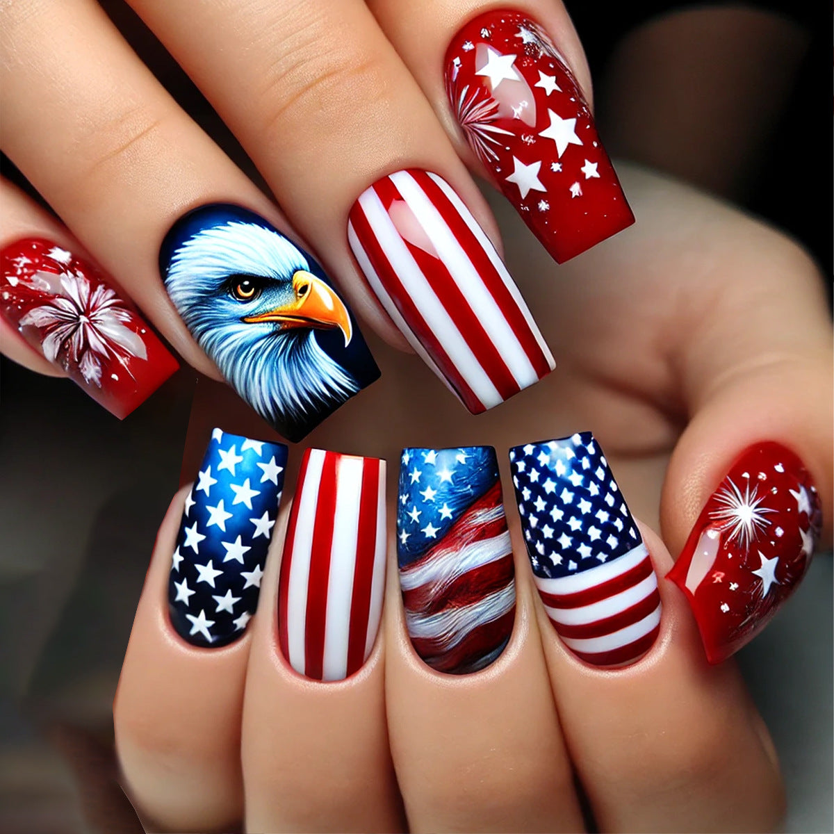 Patriotic Glamour Long Square Red and Blue with Unique Eagle Design Press-On Nail Set