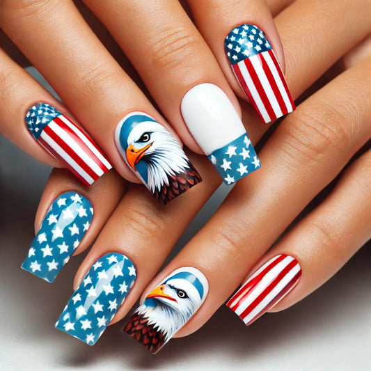 Nails with American flag and eagle design on a neutral background