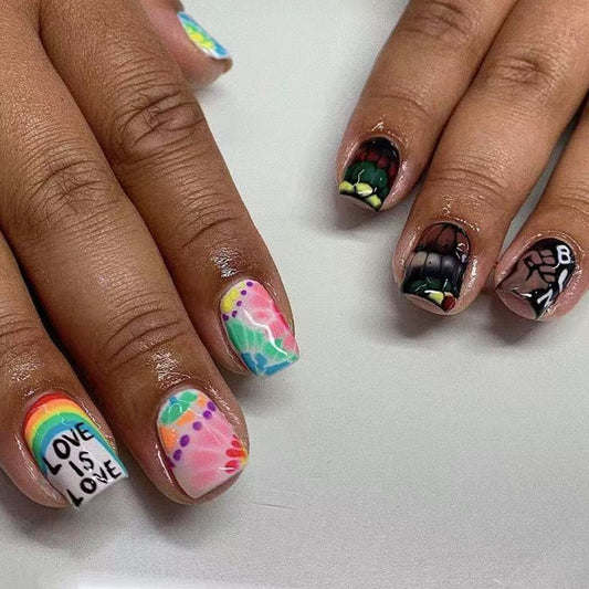Rainbow Fantasy Short Square Multicolor Vibrant Artistic Design Press On Nail Set