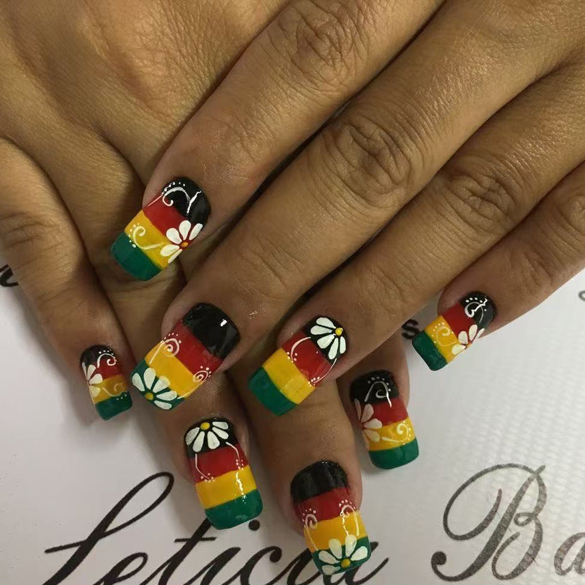 Vibrant Festival Medium Square Press On Nail Set with Colorful Stripes and Mesmerizing Floral Accents