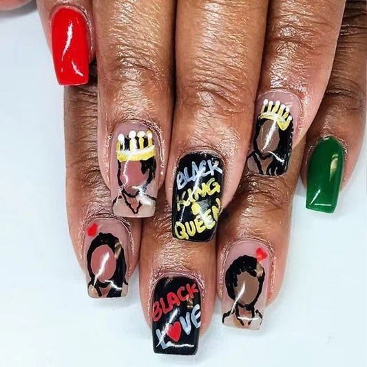 Cultural Celebration Stylish Medium Square Long Press On Nail Set Featuring Vibrant Red Green and Black Colors with Unique Artistic Designs