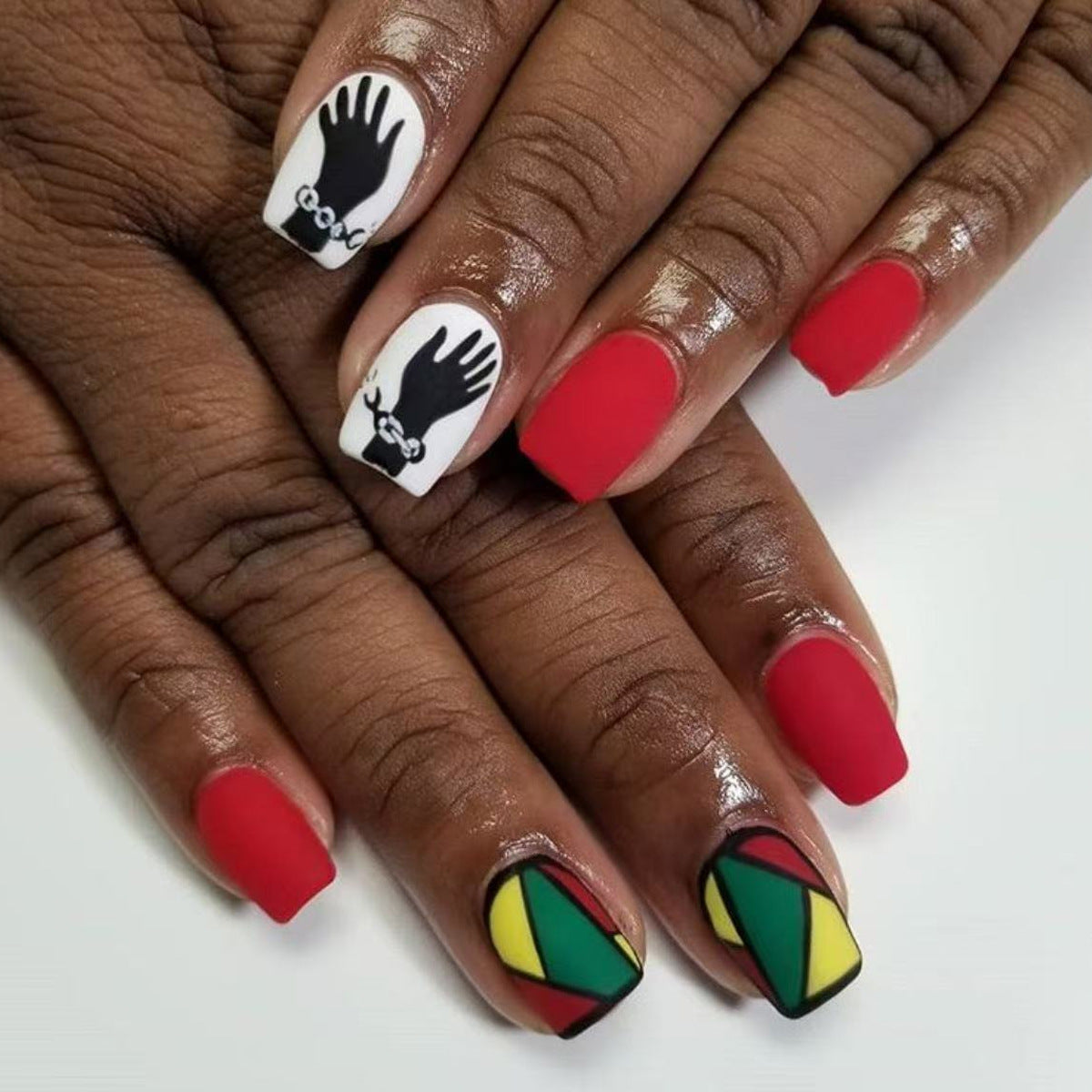 Cultural Celebration Medium Square Red and White Design with Bold Graphic Feature Press On Nail Set