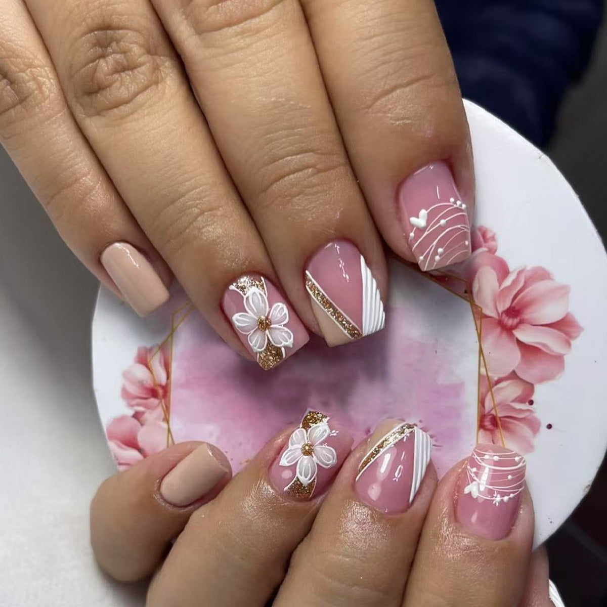 Floral Elegance Short Square Pink Press On Nail Set with Delicate Floral Design and Gold Accents