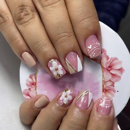 Floral Elegance Short Square Pink Press On Nail Set with Delicate Floral Design and Gold Accents
