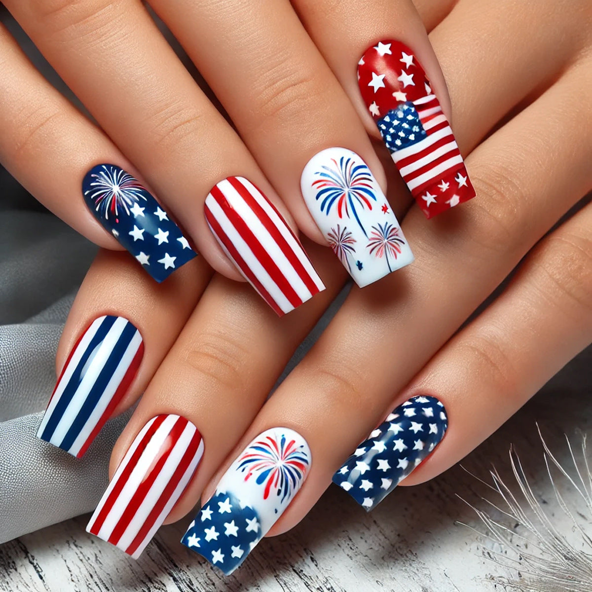 Patriotic Celebration Medium Square Red and Blue Stars and Stripes Press On Nail Set with Firework Design