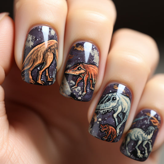 Dinosaur Adventure Short Square Purple Press on Nail Set with Unique Celestial Design