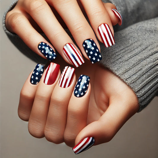 Patriotic Elegance Medium Square Red Blue and White Nail Set with Striking Star and Stripe Design