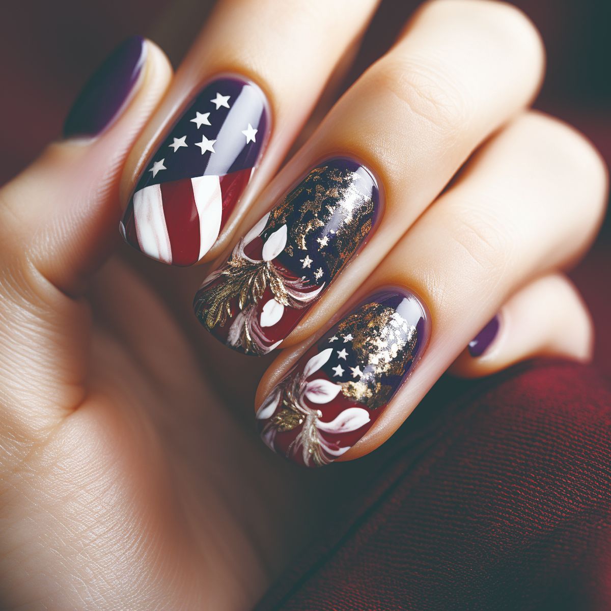 Patriotic Gleam Medium Square Red and Navy Blue with Glittering Stars Press on Nail Set
