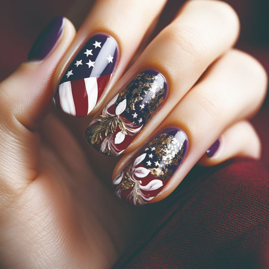Patriotic Gleam Medium Square Red and Navy Blue with Glittering Stars Press on Nail Set