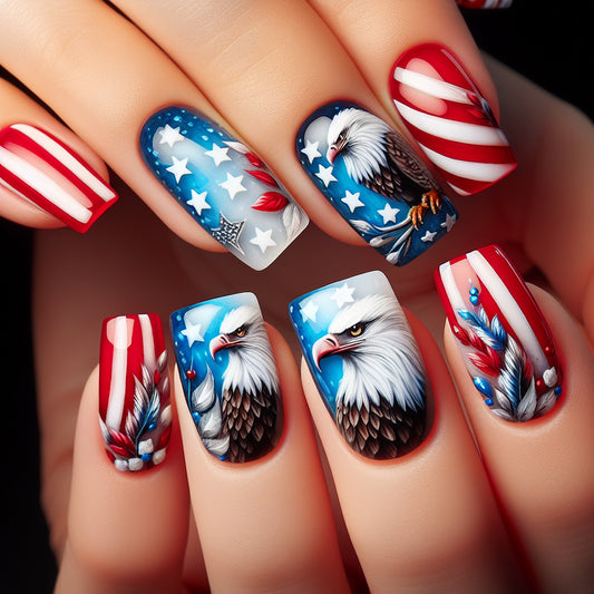 Patriotic Freedom Medium Square Red and Blue Press On Nail Set with Eagle Artwork