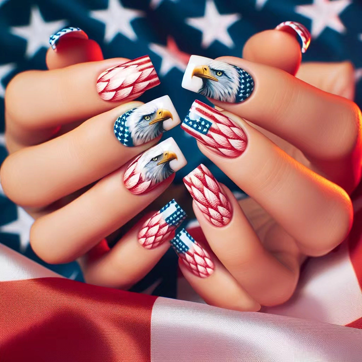 Patriotic Spirit Medium Square Red White and Blue Design Featuring Majestic Eagles Press on Nail Set